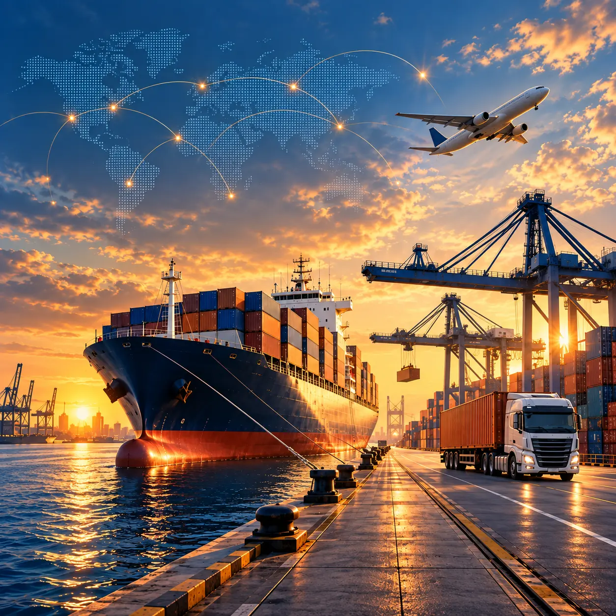 International trade port with cargo ship and aircraft